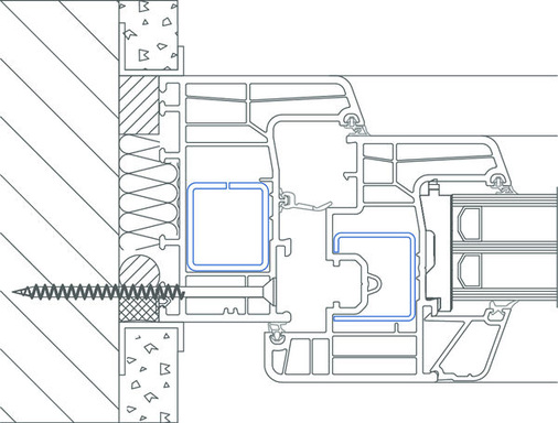 Die für Inoutic typische Befestigung durch die Vorkammer des Blendrahmenprofils.