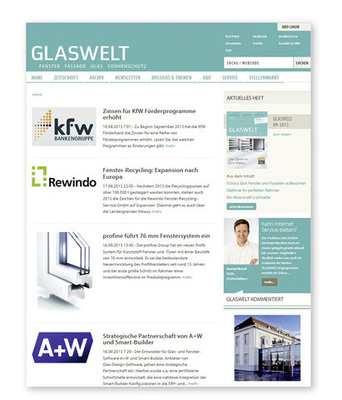 <p>
Auch auf der GLASWELT Website finden Sie täglich Informationen und News rund um Fenster, Fassade, Glas und Sonnenschutz.
</p>