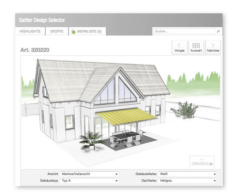 
Eine gute Beratungshilfe ist der Designcollector von Sattler, mit dem die verschiedenen Stoffe der laufenden Kollektionen online miteinander verglichen werden können. 
