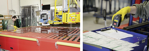 
Vor dem Vorspannprozess wird im Ofeneinlauf jede Scheibe per Barcode-Scanner registriert (r.). Im Auslaufbereich werden die Scheiben dann in der richtigen Reihenfolge für die ISO-Produktion in Fächerwagen einsortiert.
