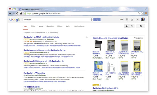 <p>
</p>

<p>
Auch Rollläden werden von verschiedenen Anbietern im Internet ohne Beratung vor Ort verkauft. Billiganbieter dominieren hier im Ranking über gekaufte Einträge.
</p> - © Foto: Screenshot www.google.de

