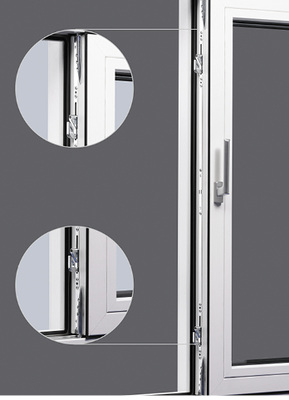 
Die verdeckt liegende Verschlusstechnik des HS Schwenkhakengetriebes wird in der Öffnungsstellung in den Flügel versenkt und riegelt beim Schließen von unten nach oben in die Rahmenteile ein.
