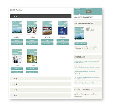
Unser Heftarchiv umfasst alle erschienenen Ausgaben der GLASWELT seit 1997. „Reiter“ bieten Hilfestellung bei der Suche einer bestimmten Ausgabe.
