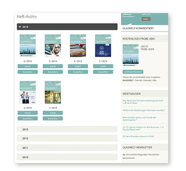 <p>
Unser Heftarchiv umfasst alle erschienenen Ausgaben der GLASWELT seit 1997. „Reiter“ bieten Hilfestellung bei der Suche einer bestimmten Ausgabe.
</p>