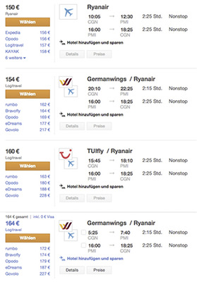 <p>
Reisekosten sind nicht die Frage, denn Flüge nach Mallorca finden sich aktuell weit unter 200 Euro.
</p>

<p>
</p> - © Foto: Screenshot www.kayak.com

