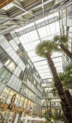 



Das Glasdach der Zentrale der DEG in Köln schafft Tageslicht bis in die letzte Ecke.
