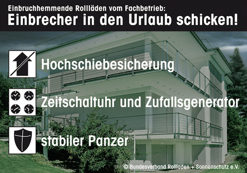 <p>
</p>

<p>
Auch die Verbandsempfehlungen des BVRS zielen ganz deutlich darauf ab, neben der mechanischen Sicherheit möglichst viel Zufallsbewegung im Haus zu simulieren, wenn der Bewohner nicht anwesend ist.
</p> - © Foto: Bundesverband Rollladen + Sonnenschutz e.V.

