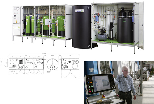 
Nach intensiver Planung wurde für den ISO-Hersteller von EnviroFalk eine kompakte Zwei-Zonen-Reinwasser-Kreislaufanlage entwickelt und gefertigt (oben und im Schnitt). Diese versorgt bei Henze-Glas die beiden ISO-Linien. Rechts: Dietmar Henze vor der neuen Bystronic glass TPS-Linie für die Serienfertigung von großformatigen Isoliergläsern.
