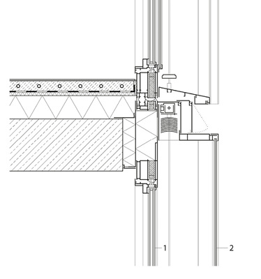 
Hauptgebäude Schnitt im Flügelbereich(1) Verglasung im EG: 2-fach-Isolierglas (außen: ESG-H 6 mm + Alarmspinne, SZR: 16 mm mit Argonfüllung, innen: VSG 8 mm aus 2 x Float 4 mm + 1,52 mm PVB-Folie. Verglasung im OG: 2-fach-Isolierglas außen: VSG 8 mm aus 2 x Float 4 mm + 0,76 mm PVB-Folie, SZR: 16 mm mit Argonfüllung, innen: ESG-H 6 mm 2 Monoscheibe (2) Digitaldruck: bestehend aus VSG 12 mm, 2 x 6 mm TVG, 0,76 mm PVB-Folie, Farbe: „Optiwhite“ Monoscheibe Dark Grey: bestehend aus 8 mm TVG, Farbe: „Dark Grey“ Monoscheibe Photovoltaik: bestehend aus VSG 12 mm, 6 mm TVG „Dark Grey“ (rückseitig 0,76 mm PVB-Folie, Zellnetz, 0,76 mm PVB-Folie, 6 mm TVG) 



