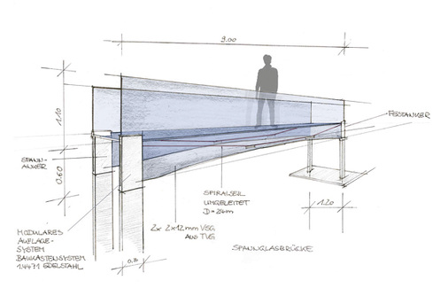 
Auf der glasstec wird eine 9 m lange gläserne Brücke mit Glas-Hybridträgern und hochtragfähigen Edelstahlseilen (24 mm Durchmesser) präsentiert.
