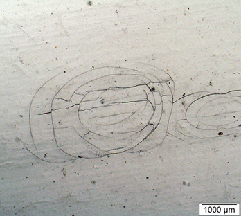 
Nach einem Hagelschlag sind in der Regel feine kreisrunde Risse in der Beschichtung, die in frischem Zustand nur bei sehr genauer Inspektion erkannt werden.
