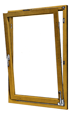 
Fenster mit Dreh-Kipp-Beschlag von 1959. Zum Kippen muss ein Extra-Hebel (rechts) betätigt werden.
