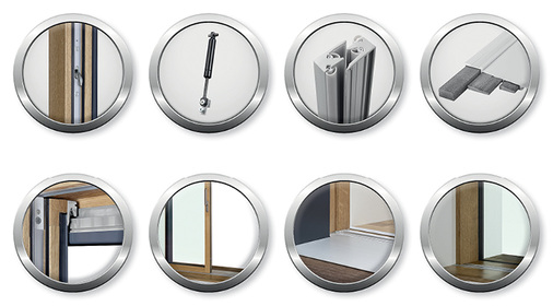 
Maco-Beschlagneuerungen und -zubehör für Hebe-Schiebe-Türen im Detail: Stahlhakengetriebe, Getriebedämpfer, Mehrkammerdichtungsschiene, Bodenschwelle, verdeckt liegende Führungsschiene, schmales Rahmenfries, Trittschwelle, Fixverglasung.
