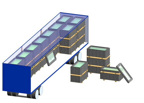 <p>
Mit dem Verpackungssystem lassen sich Flachglasscheiben ohne Spezialtransporter verschicken, da sie liegend oder stehend sicher geladen werden können. 
</p>