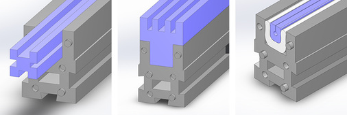 <p>
Für verschiedene Glasdicken sowie für 2- und 3-fach-ISO gibt es unterschiedliche 
</p>

<p>
Glashalteprofile (blau), die in einen umfassenden Rahmen (grau) eingelegt werden.
</p>