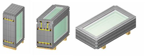 
Das Verpackungssystem für Flachglas ist einfach und genial zugleich: Die Scheiben sind in einen stabilen Rahmen aus Hartschaum eingepackt. Dieser lässt sich zudem koppeln und senkrecht sowie waagrecht im Fahrzeug stapeln.
