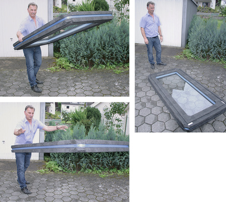 
Beim Besuch der GLASWELT hat Erfinder Thomas Giller den Falltest wiederholt und die Scheibe aus 1 m Höhe fallen lassen. Das Ergebnis: Die Scheibe blieb unversehrt. 
