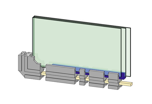 
Der umlaufende Rahmen setzt sich aus Außenrahmenprofilen (grau) mit den zugehörigen Eckstücken (l.) zusammen. Dabei lassen sich die Mittelstücke auch stoßen. 
