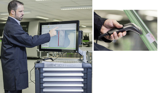 



Hält der Verarbeiter den Scanner auf den Barcode des Werkstücks, wird am Terminal das zugehörige Projekt mit den Fertigungsvorgaben (l.) aufgerufen.
