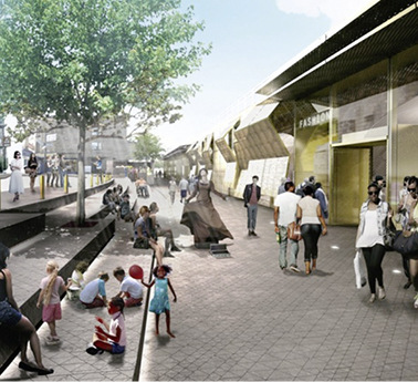 



Goldfarbenes Streckmetall soll den optischen Akzent an der geschlossenen Fassade setzen.
