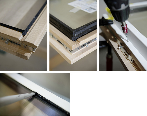 
Bild 4: Illustration vom Verglasungsprozess: 1) Anbringung der Glasdichtungsbänder auf der Flügelaußenseite; 



2) Setzen des Isolierglas; 



3) Verschraubung vom GFK Profil mit dem Flügel; 



4) Injektion des Klebstoffs auf der Isolierglasaußenseite 
