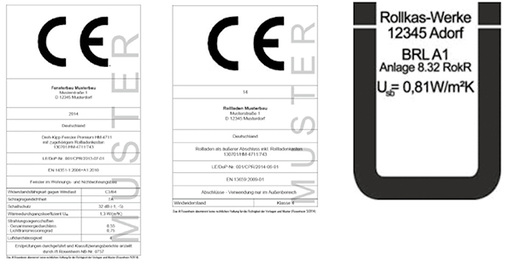 
Muster CE-Zeichen Fenster  Muster CE-Zeichen Rollladen  Muster Ü-Zeichen
