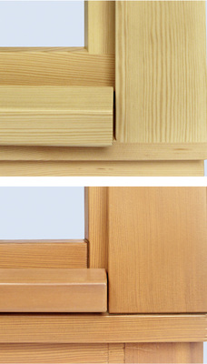 
Sichtbare V-Fugen (unten) gehören jetzt beim neuen 3 PLUS 8 Fenster von Timm (oben) der Vergangenheit an: Die Holzfenster erhalten eine technisch einwandfreie, geschlossene Brüstungsfuge.
