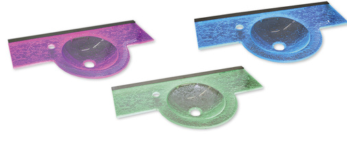 
LED-Technik macht es möglich, Glaselemente wie hier das Waschbecken in farbigem Licht erstrahlen zu lassen. Via Fernbedienung oder App kann man sogar verschiedene Farbe einstellen.
