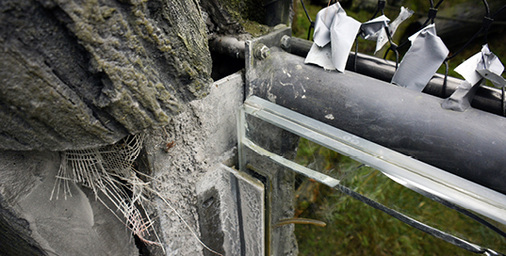 
02: Ansicht der aus dem Verglasungsprofil nach oben herausstehenden Glasscheibe.
