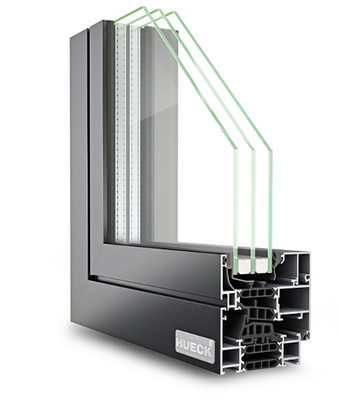 
Fenstersystem Hueck Lambda WS 075 mit 75 mm Bautiefe und schmaler Profilansicht. 
