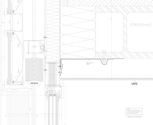 <p>
Die Gebäudehülle im Detailschnitt: Die komplette Fassade erreicht nach Auskunft des Systemgebers Uw-Werte unter 1,0 W/ (m²K).
</p>