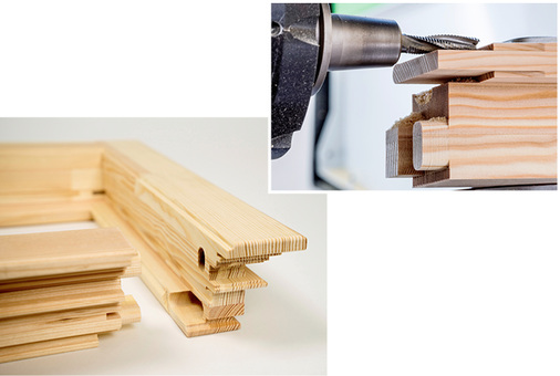 

Der PlugTec-Vorschlag von Leitz (

www.leitz.org

): Dabei werden am Fensterkantel Zapfen angefräst und gerundet. Langlöcher am Gegenstück ergeben eine exakte, stabile und formschlüssige Verbindung.

