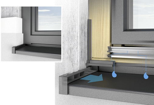 
Optimale Wasserabdichtung von Element und Fensterbank: Die Dichtbrücke sorgt für eine kontrollierte Entwässerung nach unten und die Labyrinthdichtung der Gleitbordstücke dichtet zum Mauerwerk ab.
