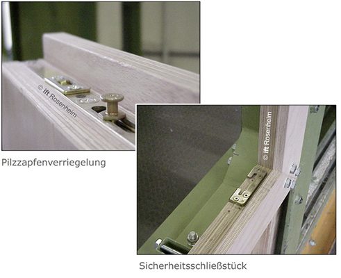 
Bild 3: Prüfanordnung für „im Falz eingelassene Nachrüstprodukte“ gemäß DIN 18104-2 mit Pilzzapfen und Schließteil.
