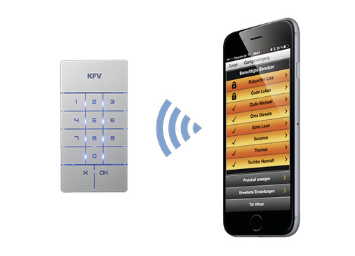 <p>
Bei dem Zutrittskontrollsystem KFVkeyless erfolgt das automatische Öffnen der Tür über die Bluetooth-Funktion des autorisierten Mobiltelefons – oder mittels Code-Eingabe am Tastaturfeld. 
</p>