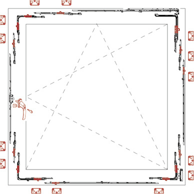 
Der Sicherheitsbeschlag sieht an Fenstern mindestens 14, an Fenstertüren mindestens 18 Verriegelungspunkte je Flügel vor. 
