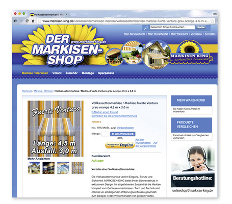 <p>
</p>

<p>
Für den Endverbaucher leicht verständliche Homepages schaffen schnelle Wege beim Onlineverkauf. Eine Beratungshotline unterstützt den Kunden bei Fragen.
</p> - © www.markisen-king.de

