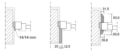 
Bild 2: Darstellung der Sanierungsmaßnahmen; links: Verleistung mit Viertelstab (14 mm x 14 mm), Mitte: Laibungsdämmung mit Gipskartonverkleidung, rechts: Sanierleiste
