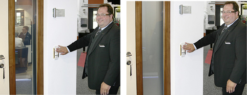 
Günter Schmitz glaubt an den Erfolg von „Assistenzsystemen“ für Bauelemente, wie hier z. B. das schaltbare Glas (in beiden Zuständen) an der Haustür.
