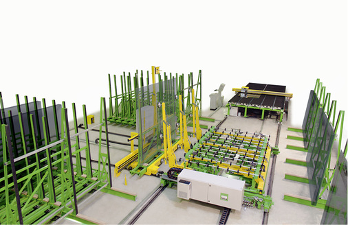 
Das Rapidstorage erhöht die Zahl der Scheiben im Direktzugriff der Beschickung mit einem verfahrbaren Shuttle und mit transportierbaren Lagergestellen, was eine höhere Sortenvielfalt ermöglicht.
