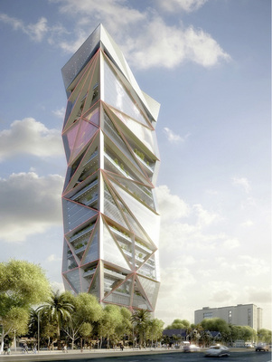 
160 m hoch soll Parinee I im Zentrum von Mumbai werden und das Thema „Einbindung von Multimedia“ in die Fassade verstärken. 
