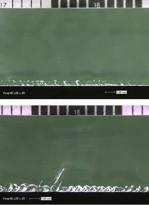 



Bei zwei Herstellern geschnittene Floatglas-Kante (Glasdicke 8 mm) mit unterschiedlicher Güte.
