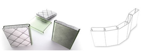 
Links: Die c--c Profile lassen sich mit transluzenter Wärmedämmung ausstatten. Rechts ein Systemaufbau im zweischaligen Verband mit Profilen unterschiedlicher Breite.
