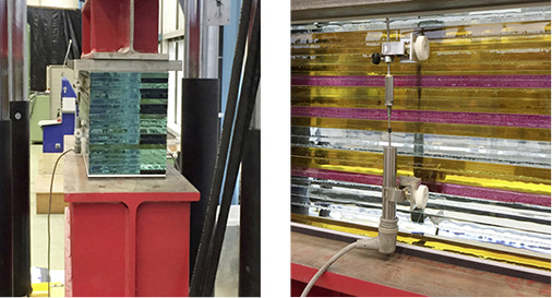 
Um die Belastbarkeit der geschichteten Glaskonstruktion zu prüfen, wurde eine Reihe von Druckversuchen an der ETH durchgeführt. Das Ergebnis: positiv.



