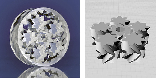 <p>
Auch diese gläsernen Zahnräder wurden mithilfe des Lasers im sogenannten negativen 3D-Druck-Verfahren gefertigt. 
</p>