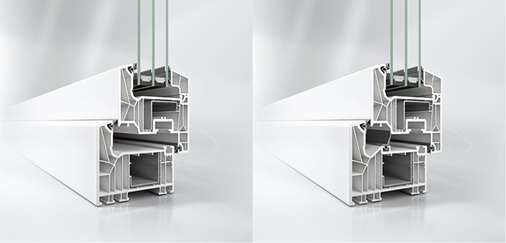 <p>
Bei dem neuen 82 mm Sytem von Schüco handelt es sich um ein Twin-System: links zu sehen ist der Blendrahmen mit Anschlagsdichtung, rechts die Version als Mitteldichtungssystem.
</p>