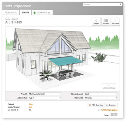
Mit dem Konfigurator können alle Stoffe der verschiedenen Kollektionen visualisiert werden und damit zur Unterstützung bei der Kundenberatung genutzt werden.
