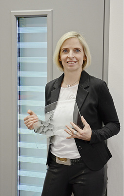
Auch Katja Neumann war auf der FENSTERBAU FRONTALE 2016. Dort präsentierte die Rodenberg 
Türsysteme AG
 eine Haustür mit einer gelaserten Glasscheibe, die sich beleuchten lässt.
