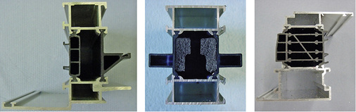 <p>
Bild 05: Beispiele für wärmtechnisch optimierte Metall-Kunststoff-Verbundprofile (links: aufgelöster Profilsteg mit Kammern, Mitte: aufgelöste Profilstege mit Dämmstofffüllung, rechts: durch Stege unterteilter Zwischenraum.
</p>