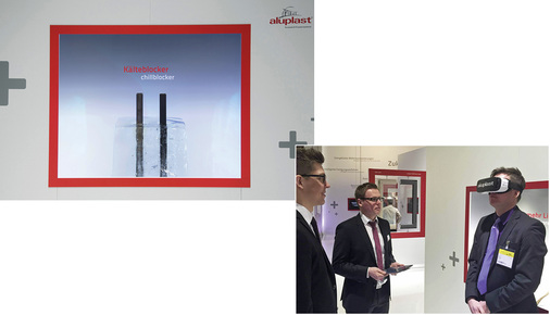 
Bild links: In einem Eisblock steckten ein Stab aus Stahl sowie ein Stab aus powerdur-Material. Die extreme Kälte des Stahlstabes stand in starkem Gegensatz zur moderaten Temperatur des powerdur-Stabes – der perfekte sensorische Beleg für die überlegene Wärmedämmung.



Bild unten: Wie stark sich die Größe der Fenster auf die Atmosphäre eines Raumes auswirken, konnten die Standbesucher mittels einer 3D-Brille erfahren: Das virtuelle Erkunden eines Wohnraumes verdeutlichte die unterschiedlichen Lichtverhältnisse je nach Größe der Elemente. Auch GLASWELT Chefredakteur Daniel Mund hat die Welt durch die aluplast-Brille betrachtet. 
